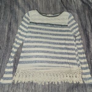 Jolt Blue White Striped Lace Trimmed Boho‎ Long Sleeve Shirt Top Women's Medium